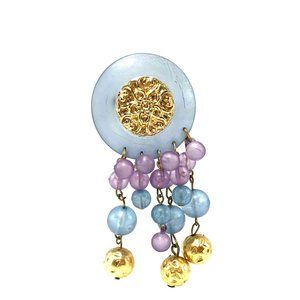 1980s Gold Tone and Frosted Lucite Dangle Brooch Pin Purple Navy